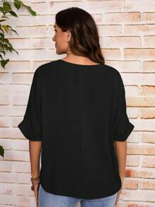 SHEIN LUNE Áo sơ mi nữ Túi màu trơn Giải trí - màu đen - Xem 2