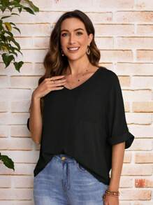 SHEIN LUNE Áo sơ mi nữ Túi màu trơn Giải trí - màu đen - Xem 3