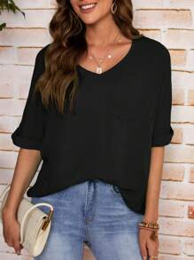 SHEIN LUNE Áo sơ mi nữ Túi màu trơn Giải trí - màu đen - Xem 5