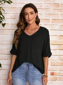 SHEIN LUNE Áo sơ mi nữ Túi màu trơn Giải trí - màu đen - Xem 6