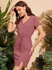 SHEIN LUNE Drawstring Waist Split Hem Dress,Casual - Dusty Pink - View 3