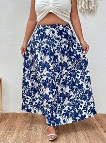 SHEIN VCAY Váy Plus Size Hoa Tất cả trên in Boho - Xanh và trắng - Xem 1