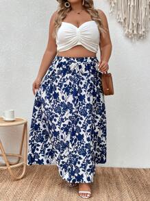 SHEIN VCAY Váy Plus Size Hoa Tất cả trên in Boho - Xanh và trắng - Xem 3