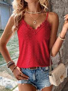 SHEIN LUNE Contrast Guipure Lace Cami Top - Red - View 3