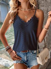 Calvaya Contrast Guipure Lace Cami Top - Navy Blue - View 3
