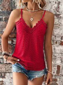 SHEIN LUNE Contrast Guipure Lace Cami Top - Red - View 4
