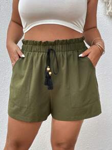SHEIN VCAY Plus Paperbag Waist Knot Front Shorts - Army Green - View 1