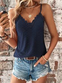 Calvaya Contrast Guipure Lace Cami Top - Navy Blue - View 5