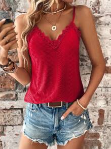 SHEIN LUNE Contrast Guipure Lace Cami Top - Red - View 6
