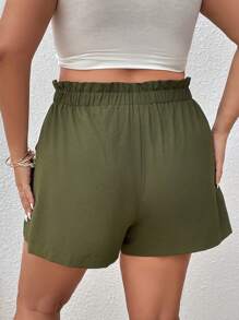 SHEIN VCAY Plus Paperbag Waist Knot Front Shorts - Army Green - View 2
