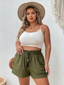 SHEIN VCAY Plus Paperbag Waist Knot Front Shorts - Army Green - View 3