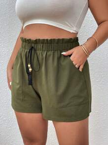 SHEIN VCAY Plus Paperbag Waist Knot Front Shorts - Army Green - View 4