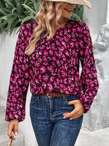 SHEIN LUNE 滿版印花缺口領燈籠袖襯衫 - 紫色 - 查看 3