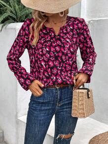 SHEIN LUNE 滿版印花缺口領燈籠袖襯衫 - 紫色 - 查看 4