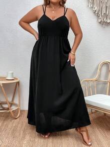 SHEIN VCAY 大碼素色吊帶連衣裙 - 黑色 - 查看 2