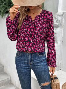 SHEIN LUNE 滿版印花缺口領燈籠袖襯衫 - 紫色 - 查看 5