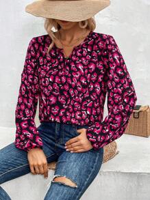 SHEIN LUNE 滿版印花缺口領燈籠袖襯衫 - 紫色 - 查看 6