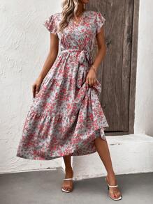 SHEIN LUNE Allover Floral Print Butterfly Sleeve Ruffle Hem Belted Dress - Blue - View 1