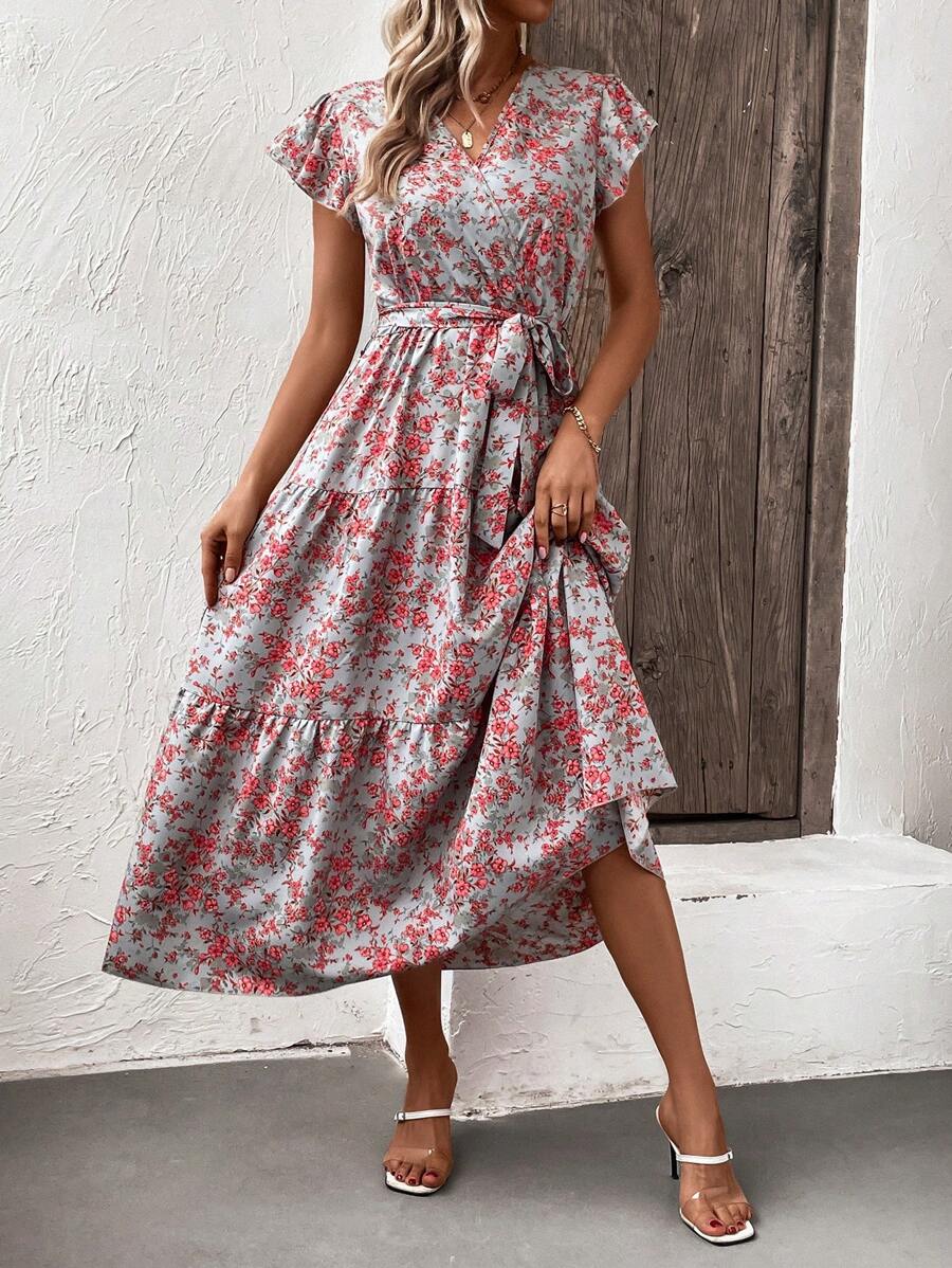 SHEIN LUNE Allover Floral Print Butterfly Sleeve Ruffle Hem Belted Dress - Blue - View 1