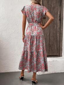 SHEIN LUNE Allover Floral Print Butterfly Sleeve Ruffle Hem Belted Dress - Blue - View 2