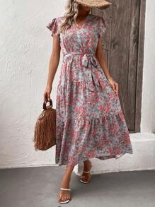 SHEIN LUNE Allover Floral Print Butterfly Sleeve Ruffle Hem Belted Dress - Blue - View 3