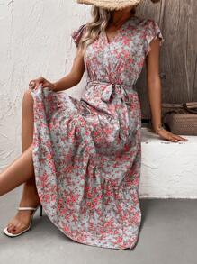 SHEIN LUNE Allover Floral Print Butterfly Sleeve Ruffle Hem Belted Dress - Blue - View 4