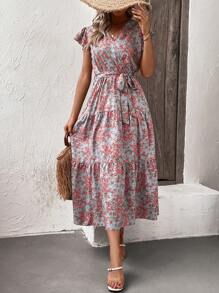 SHEIN LUNE Allover Floral Print Butterfly Sleeve Ruffle Hem Belted Dress - Blue - View 5