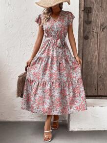 SHEIN LUNE Allover Floral Print Butterfly Sleeve Ruffle Hem Belted Dress - Blue - View 6