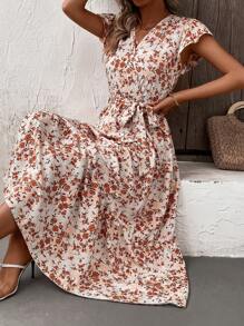 SHEIN LUNE Ditsy Floral Print Butterfly Sleeve Ruffle Hem Belted Dress Maxi Women Outfit - Beige - View 1