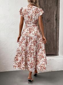 SHEIN LUNE Ditsy Floral Print Butterfly Sleeve Ruffle Hem Belted Dress Maxi Women Outfit - Beige - View 2