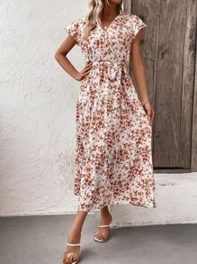 SHEIN LUNE Ditsy Floral Print Butterfly Sleeve Ruffle Hem Belted Dress Maxi Women Outfit - Beige - View 3