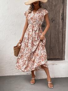 SHEIN LUNE Ditsy Floral Print Butterfly Sleeve Ruffle Hem Belted Dress Maxi Women Outfit - Beige - View 4