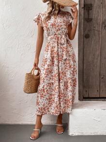 SHEIN LUNE Ditsy Floral Print Butterfly Sleeve Ruffle Hem Belted Dress Maxi Women Outfit - Beige - View 5