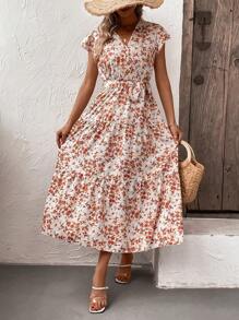 SHEIN LUNE Ditsy Floral Print Butterfly Sleeve Ruffle Hem Belted Dress Maxi Women Outfit - Beige - View 6