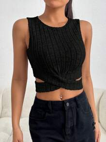 SHEIN Privé 休閒交叉 羅紋針織純色女士背心 - 黑色 - 查看 3