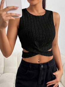 SHEIN Privé 休閒交叉 羅紋針織純色女士背心 - 黑色 - 查看 4