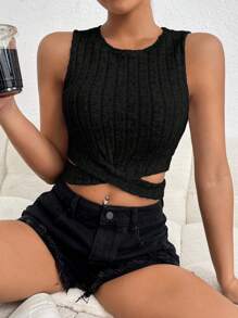 SHEIN Privé 休閒交叉 羅紋針織純色女士背心 - 黑色 - 查看 5