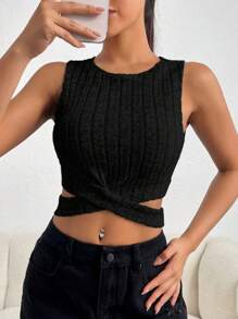 SHEIN Privé 休閒交叉 羅紋針織純色女士背心 - 黑色 - 查看 6