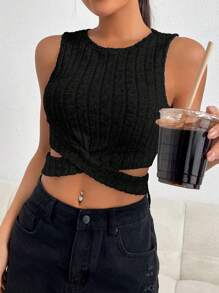 SHEIN Privé 休閒交叉 羅紋針織純色女士背心 - 黑色 - 查看 8