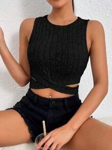 SHEIN Privé 休閒交叉 羅紋針織純色女士背心 - 黑色 - 查看 9
