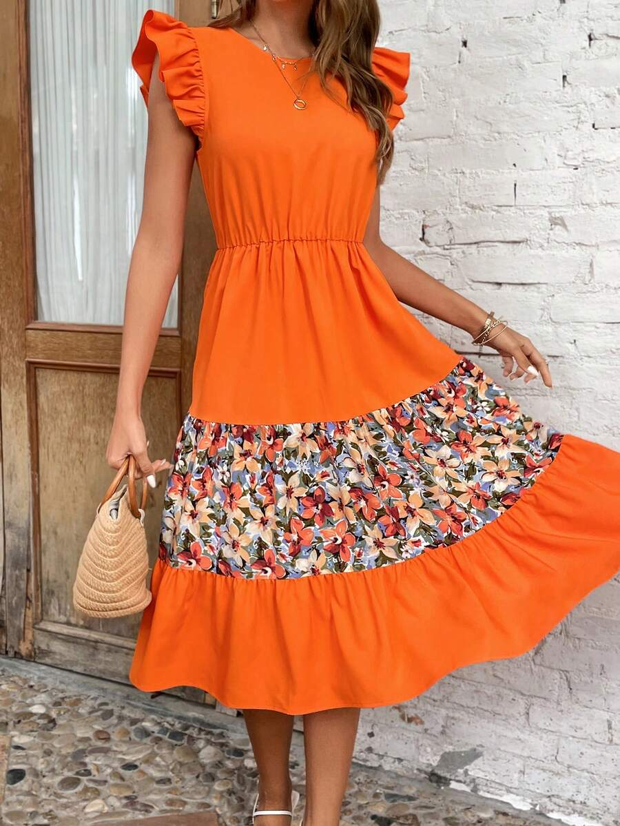 SHEIN VCAY Floral Print Ruffle Trim Ruffle Hem Dress Without Belt - Orange - View 1