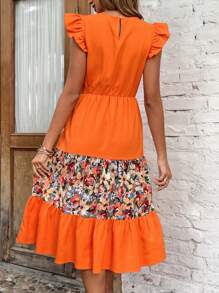 SHEIN VCAY Floral Print Ruffle Trim Ruffle Hem Dress Without Belt - Orange - View 2