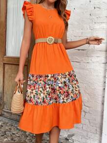 SHEIN VCAY Floral Print Ruffle Trim Ruffle Hem Dress Without Belt - Orange - View 4
