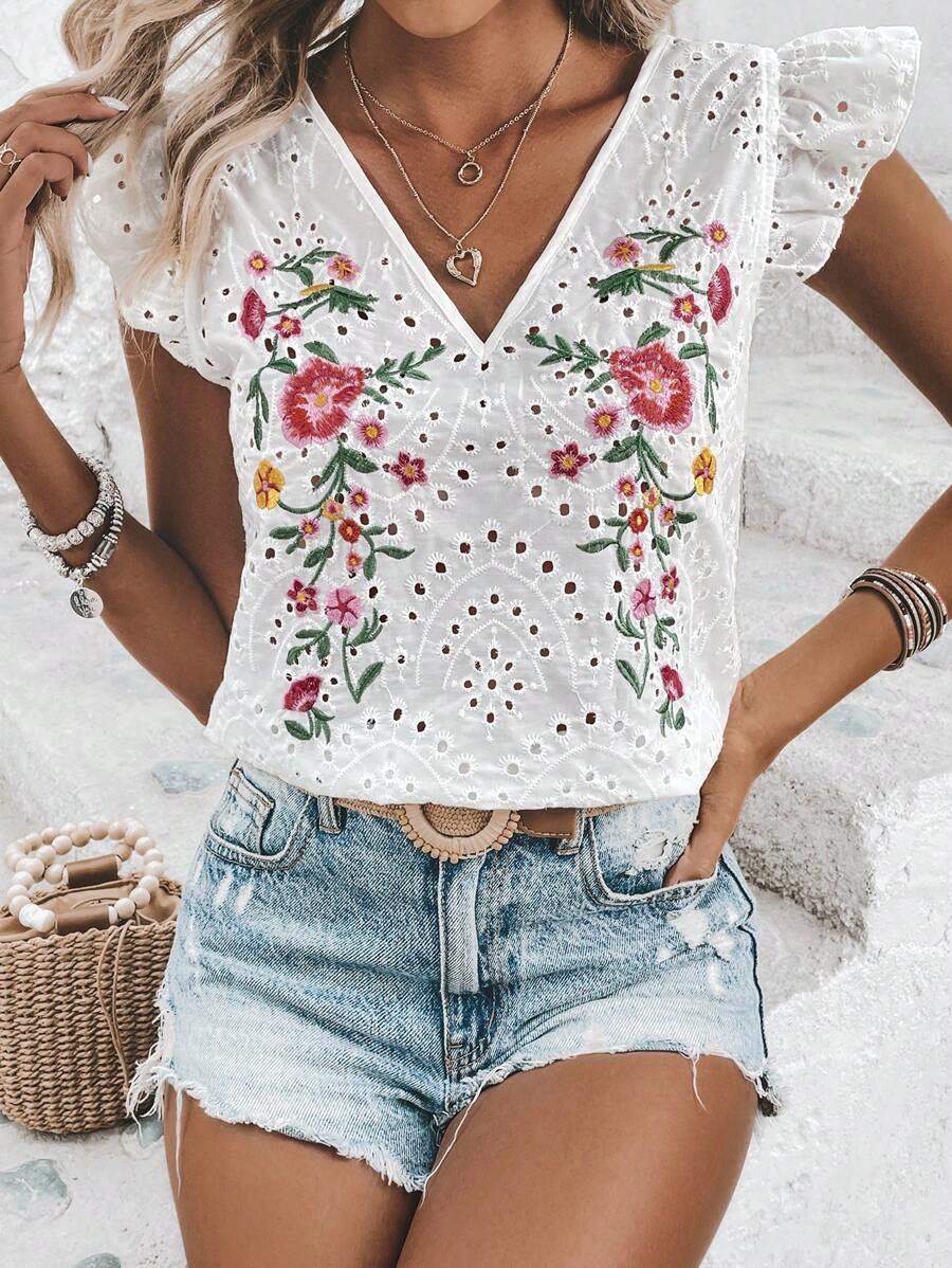 SHEIN LUNE Áo sơ mi nữ Thêu Xù Tranh thêu Hoa Boho - trắng - Xem 1