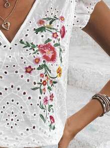 SHEIN LUNE Áo sơ mi nữ Thêu Xù Tranh thêu Hoa Boho - trắng - Xem 3