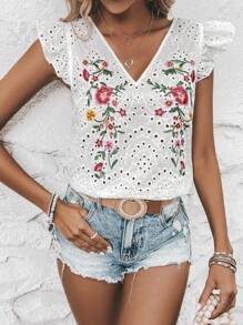 SHEIN LUNE Áo sơ mi nữ Thêu Xù Tranh thêu Hoa Boho - trắng - Xem 4