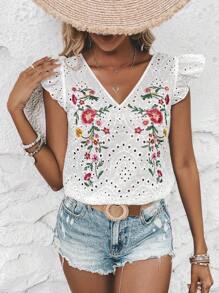 SHEIN LUNE Áo sơ mi nữ Thêu Xù Tranh thêu Hoa Boho - trắng - Xem 5