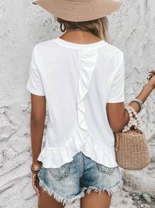 SHEIN LUNE 素色荷葉邊T恤 - 白色 - 查看 2