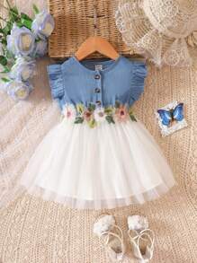 嬰兒貼花網紗拼接荷葉邊連衣裙 - 藍白色 - 查看 1