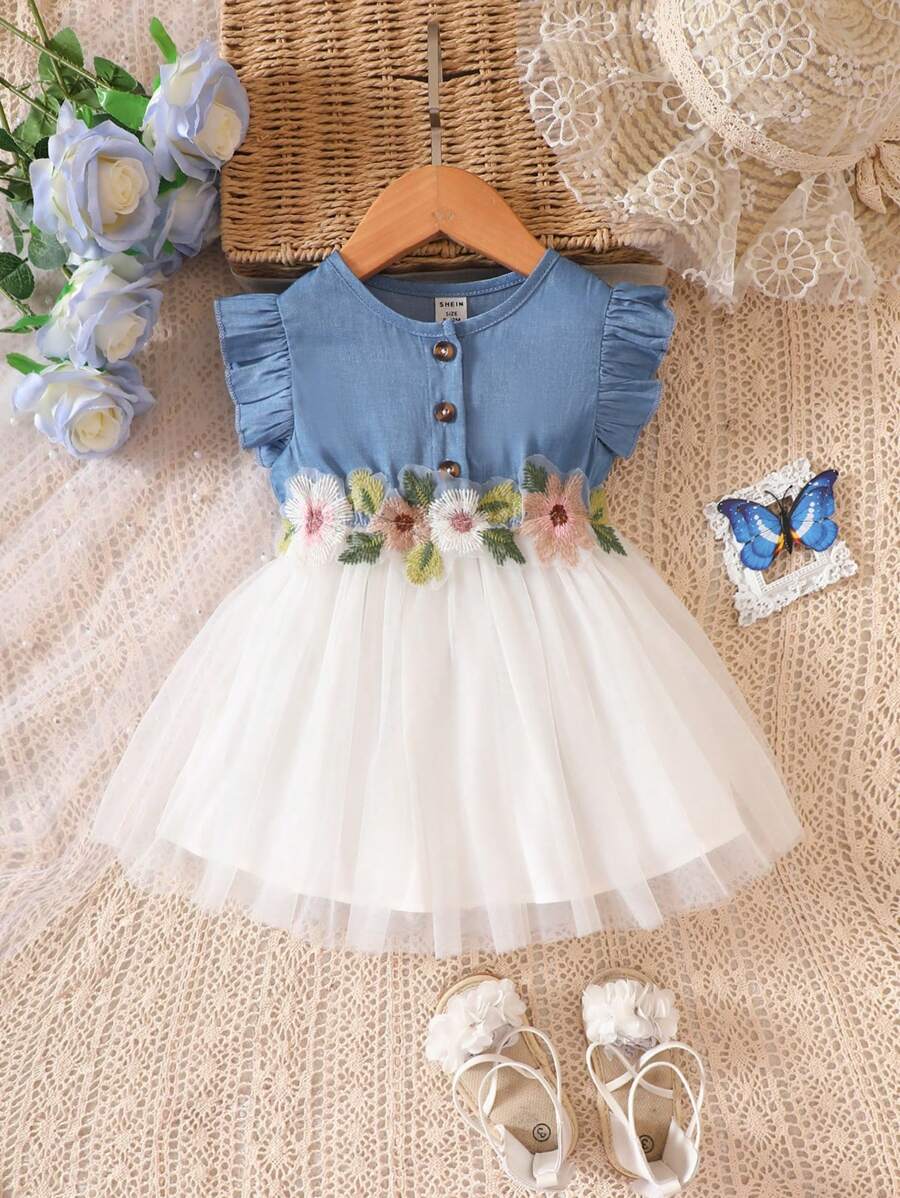 嬰兒貼花網紗拼接荷葉邊連衣裙 - 藍白色 - 查看 1